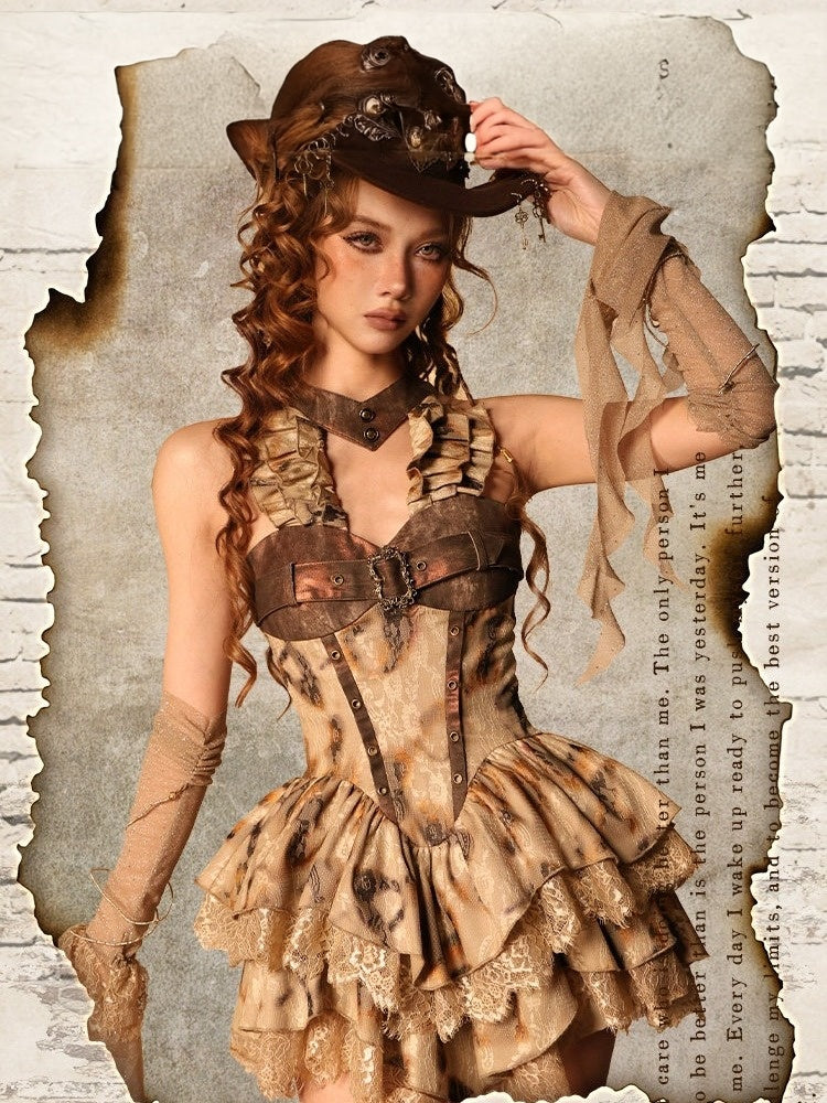 Burn-Effect Halter Dress with Tiered Ruffles and Distressed Lace - Virtual Orbit
