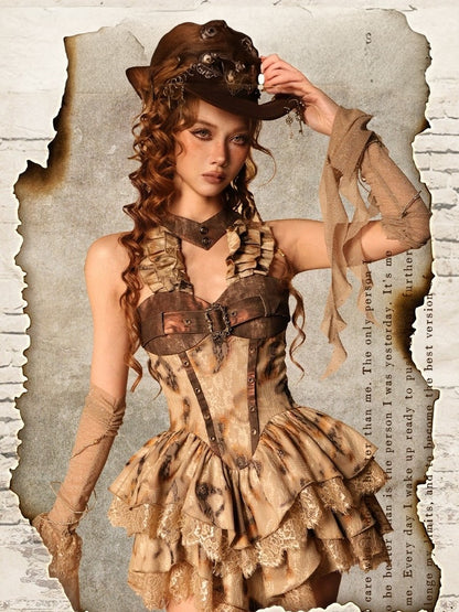 Burn-Effect Halter Dress with Tiered Ruffles and Distressed Lace - Virtual Orbit