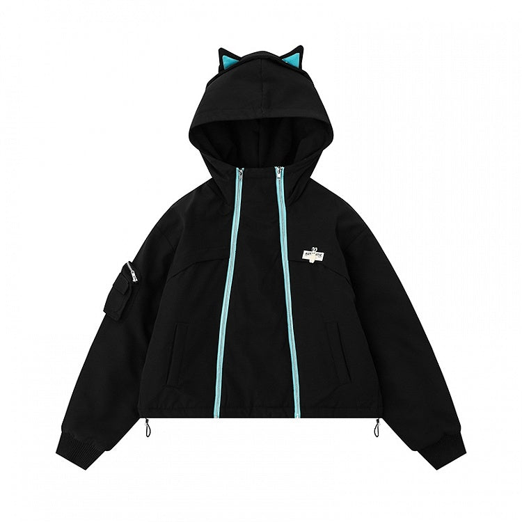 Black/Pink Zips Cat Ears Hood Thick Zip Hoodie