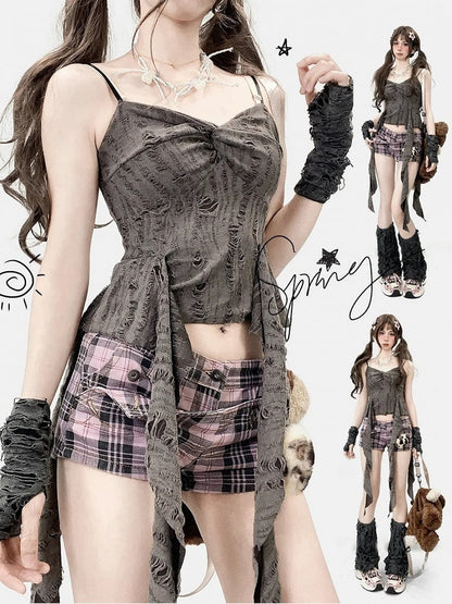 手袋 グレー ビタースイート アクセント トップ ラッフル カスケード + ディストレストディテール キャミソール