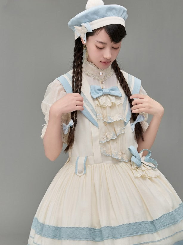 Accent Light White Sailor Bow Collar and Milk Lace Trims Lolita with Blue Dress