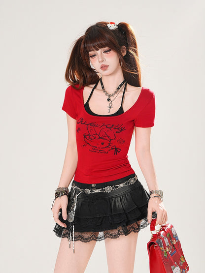 トップTシャツホルタープリントセットバニーレッド/ホワイトネックブラック