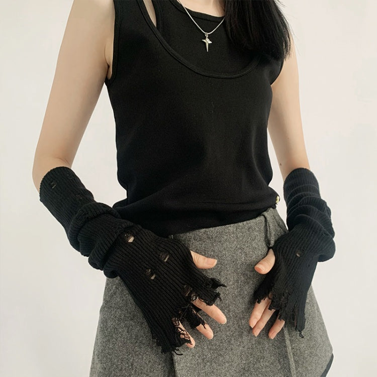 Distressed Holes Fingerless Knitted Long Gloves