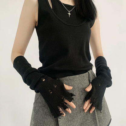 Distressed Holes Fingerless Knitted Long Gloves