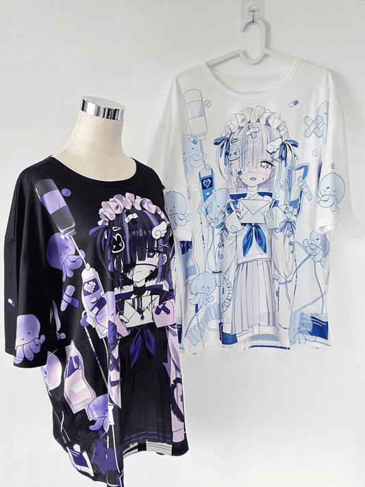 T-Shirt Dark Otaku Aesthetic Schwarz Kawaii Rundhals /Weiß mit Yami Anime Print