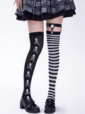 Stockings White Striped Pattern Skull Design Asymmetrical Black Halloween Gothic
