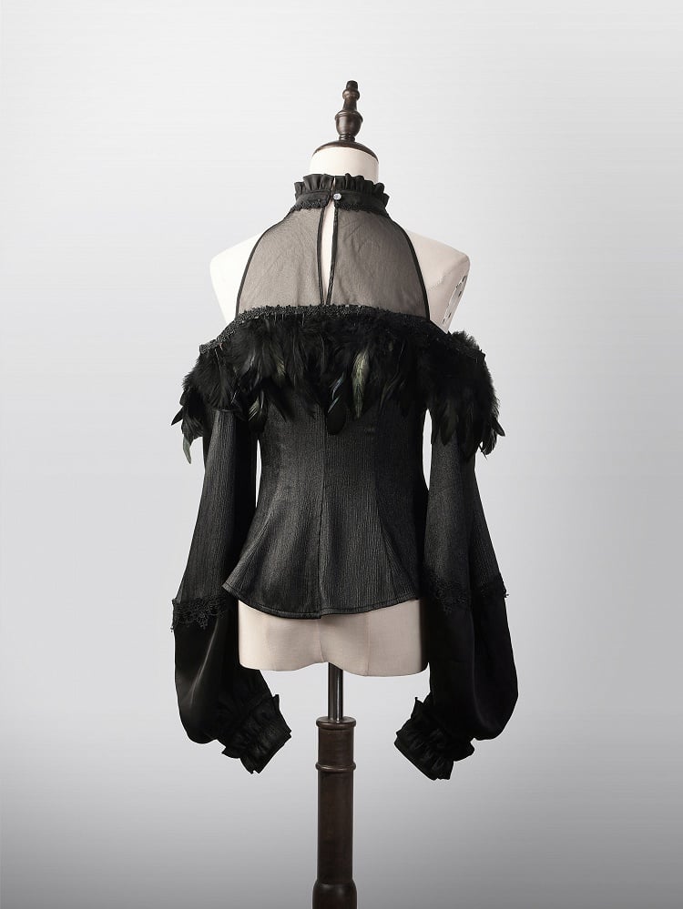 Black Open Shoulder Gothic Shirt with Illusion Halter Neck and Detachable Feather