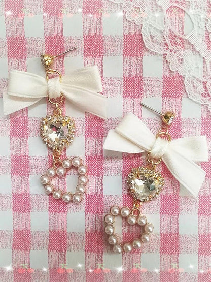 Kei Jirai Earrings Heart Rhinestone Bowknot
