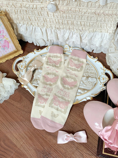 Color Pattern Socks + Cuff Butterfly 5 Detachable Bow Options Lace Calf