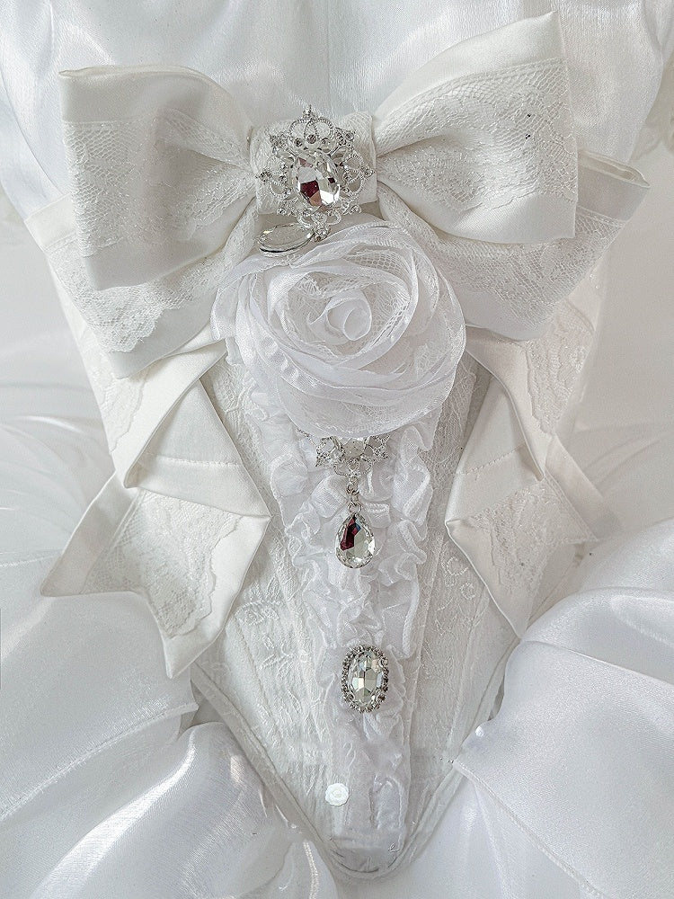 Rhinestones Balletcore Puffy Skirt White with Decorated Set Boned Corset Waist Strapless Top