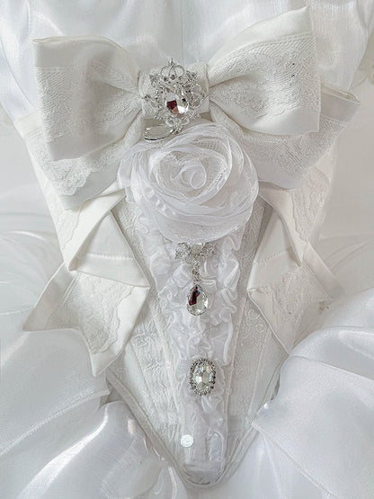 Rhinestones Balletcore Puffy Skirt White with Decorated Set Boned Corset Waist Strapless Top