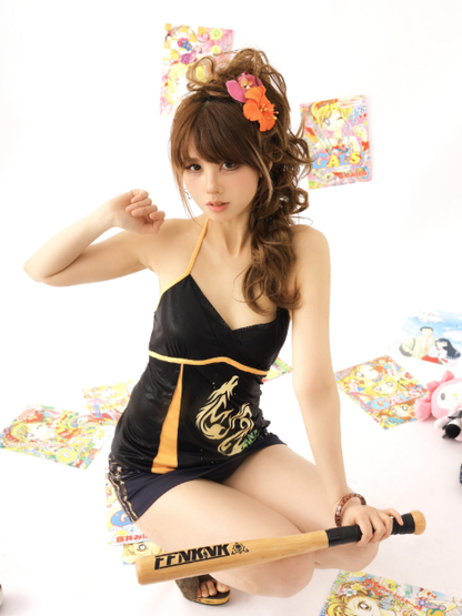 Y2K Gyaru Style Black Cami Top with Colorblock Dragon Print