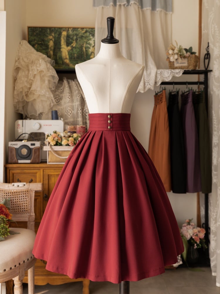 Lolita High-Waisted Pleated Skirt with Lace-Up Detail in Red
