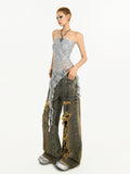 Top with Rhinestone Cross Grey Lace Punk Y2K Sheer Tube