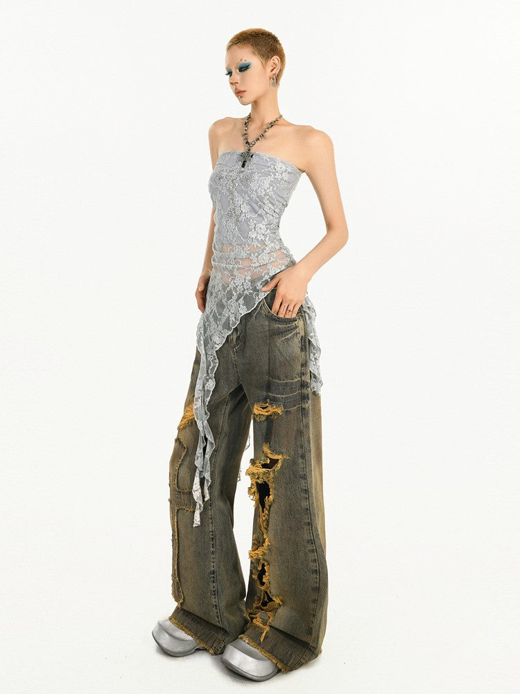 Top with Rhinestone Cross Grey Lace Punk Y2K Sheer Tube