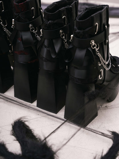 Inner with Chains Zip Block Boots Detachable Black Heel Lace-up Gothic High Details Platform - Ankle