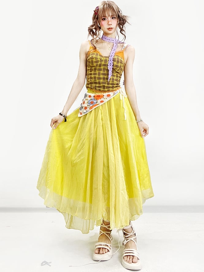 スカーフキャミトップパープルチェック柄Y2Kイエロー