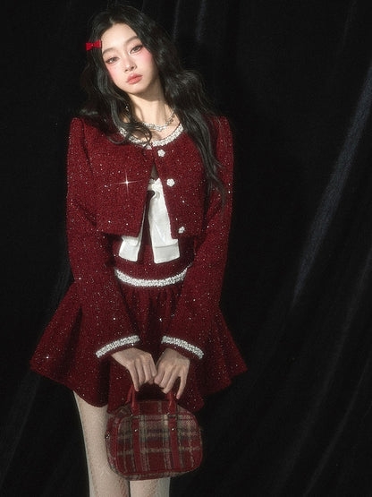 Christmas Red Bead Details Tweed Cropped Jacket