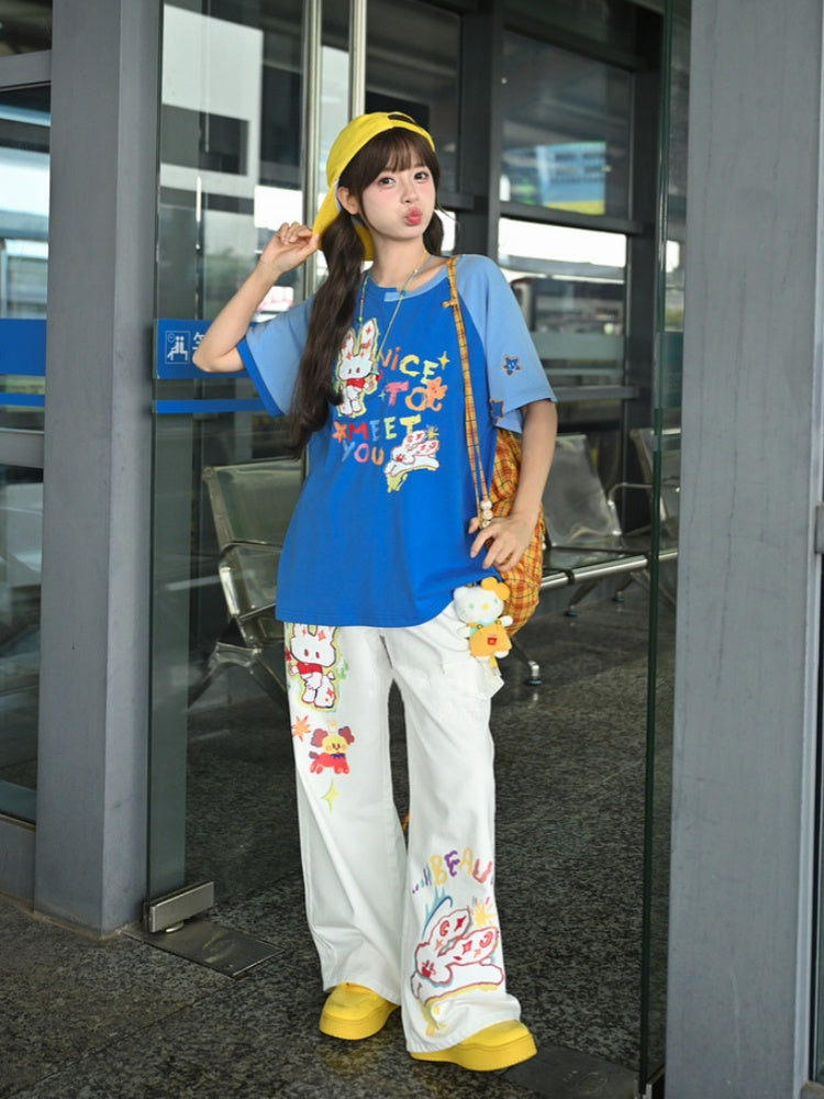 ウエストワイドレッグジーンズ カートゥーンバニープリント ホワイト ローカット