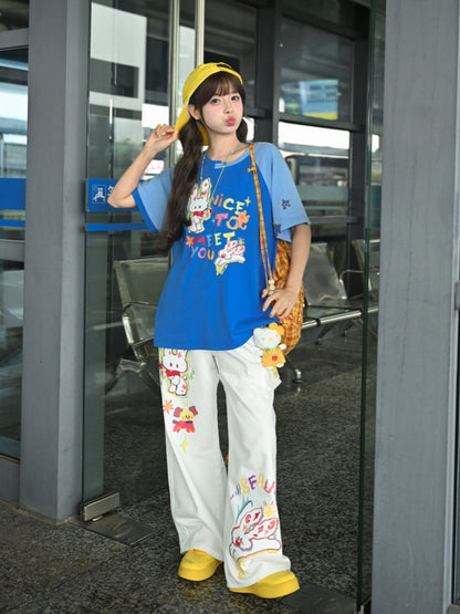 ホワイト ローカット カートゥーンバニープリント ウエスト ワイドレッグ ジーンズ