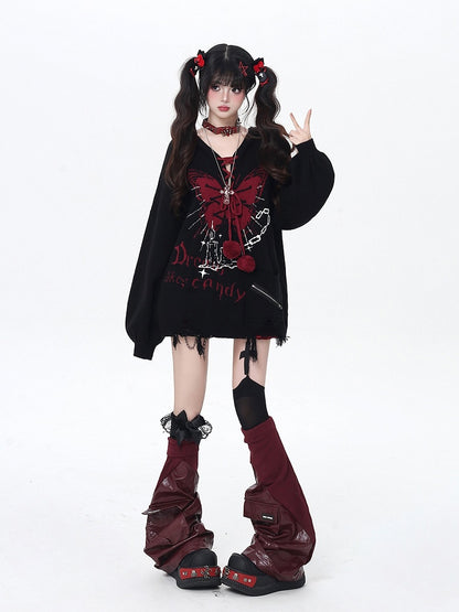 Pattern and Pom-Pom Details V-Neck Balloon Sleeve Knit Sweater with Butterfly Colors | 4