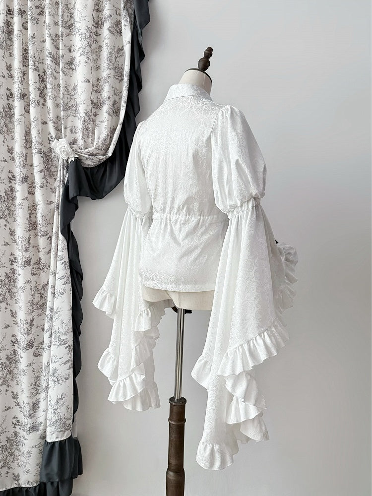 ホワイトの長袖構造ロリータボディスシャツベルフリル