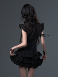 Schwarzes Gothic-Punk-A-Linien-Puffkleid mit Spitzen-Metallnieten