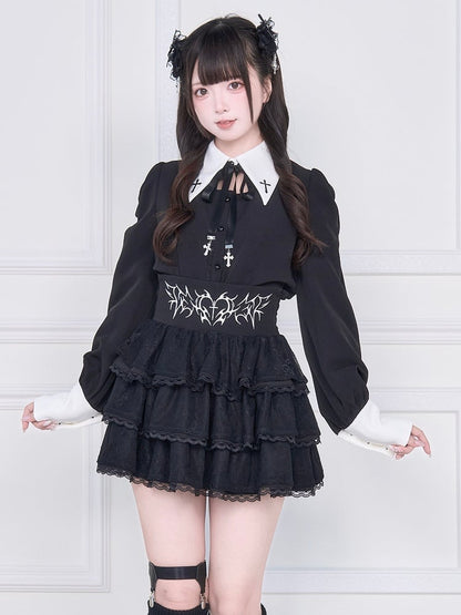 Skirt Lace Cross with Kei Tiered Jirai and Black Heart Embroidery