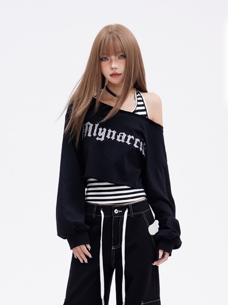 Glamorous Cropped-Sweatshirt-Set mit asymmetrischem Ausschnitt und weiß-schwarz gestreiftem Tanktop