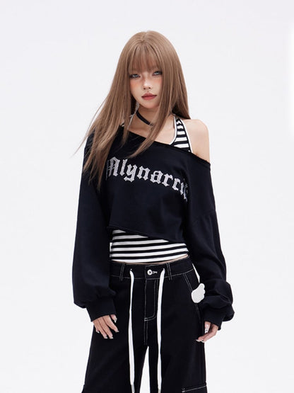 Glamorous Cropped-Sweatshirt-Set mit asymmetrischem Ausschnitt und weiß-schwarz gestreiftem Tanktop