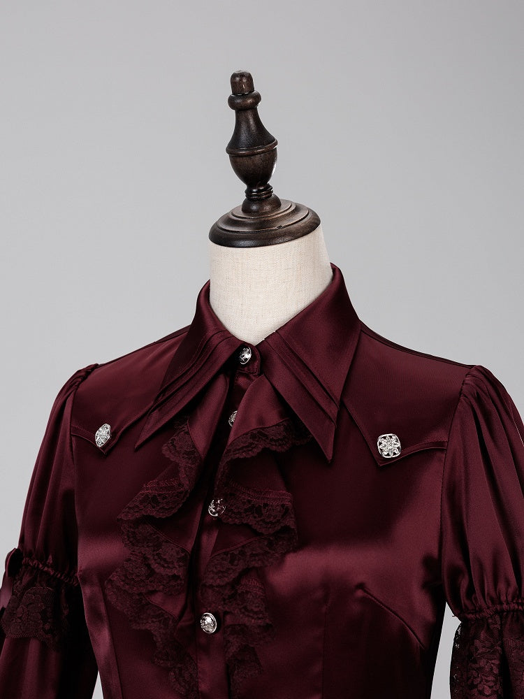 Gothic Satin Ruffle Blouse with Dramatic Collar and Lace Cuffs - DevilInspired Exclusive Collection