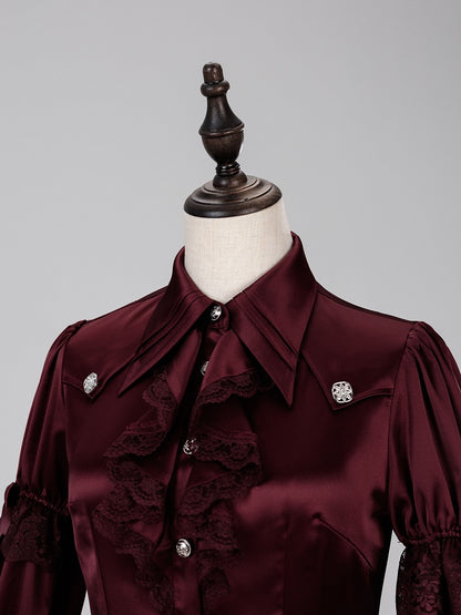 Gothic Satin Ruffle Blouse with Dramatic Collar and Lace Cuffs - DevilInspired Exclusive Collection
