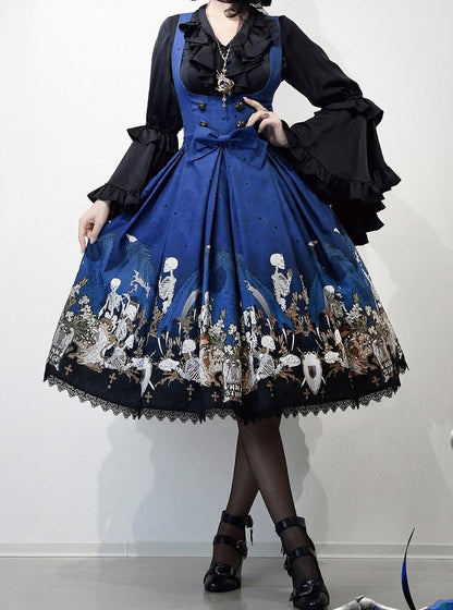 Blue Skeleton Cross Print Under Bust Gothic Lolita Dress with Black Lace Trim - NnSTAR