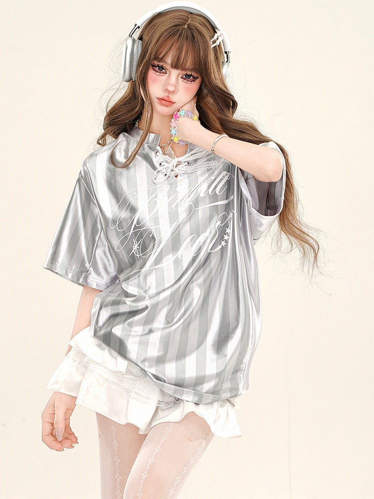 Grau/blaues, gestreiftes, sportliches Oberteil mit Schnürdetail und asymmetrischem Ausschnitt