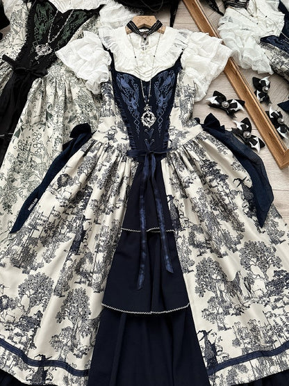 Bodice Forest Elegant Dress and Dark Corset Animals Lolita with Print Blue