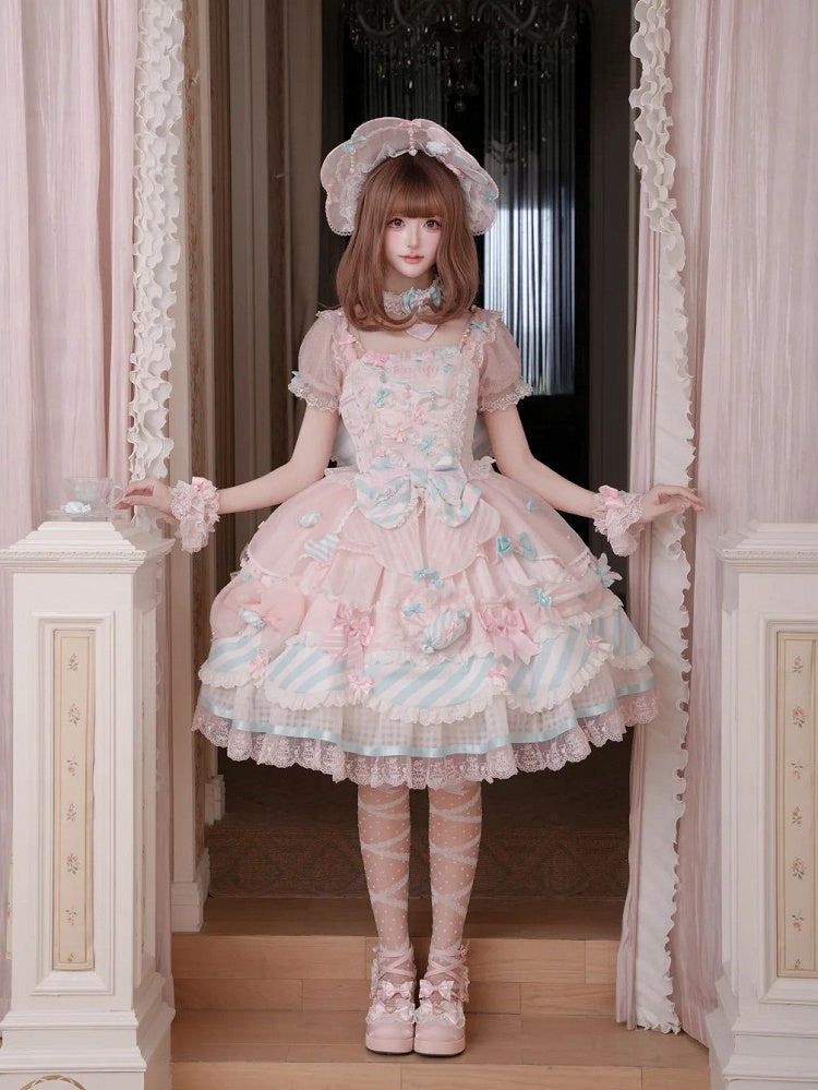 Pink & Blue Sheer Sleeves Tiered Sweet Lolita OP Dress with Bow and Candy Accents - Meng Fu Zi