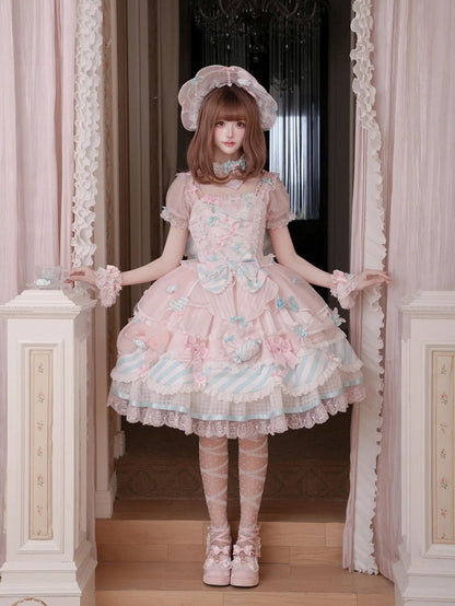 Pink & Blue Sheer Sleeves Tiered Sweet Lolita OP Dress with Bow and Candy Accents - Meng Fu Zi