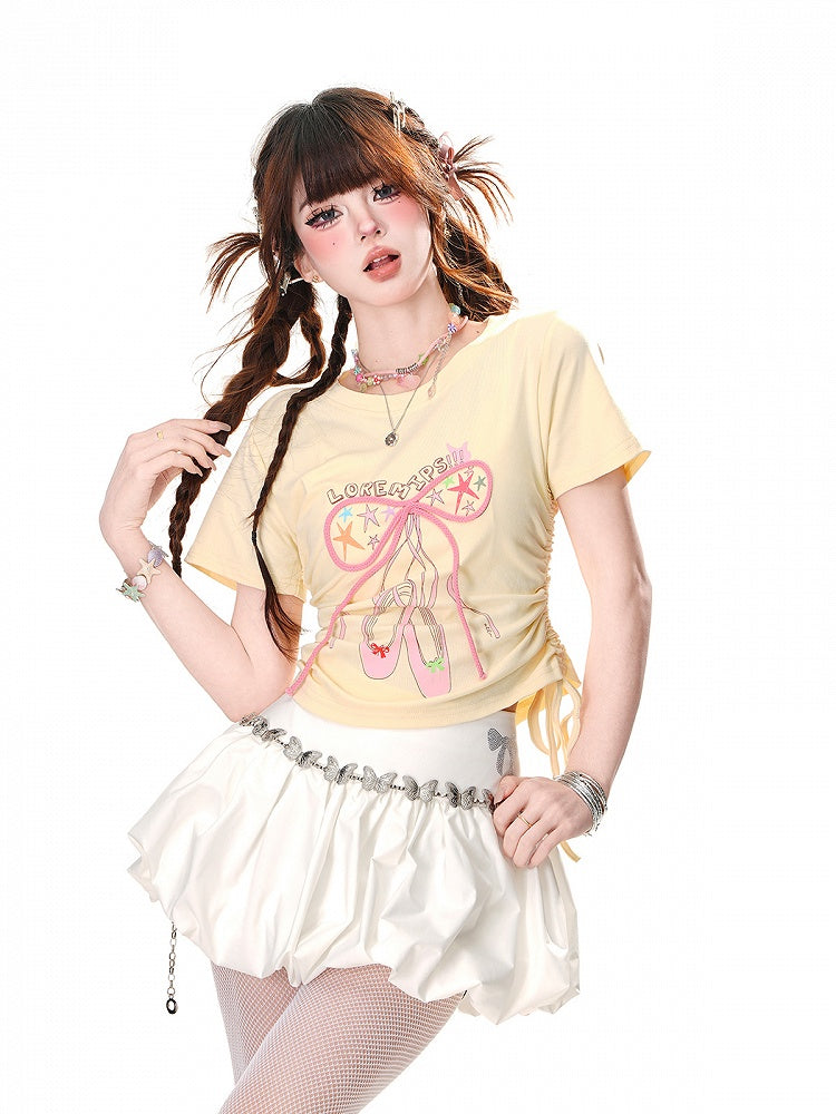 Glamorous Bowknot Schwarz/Gelb/Pink Cropped T-Shirt Kordelzug Taille Akzent