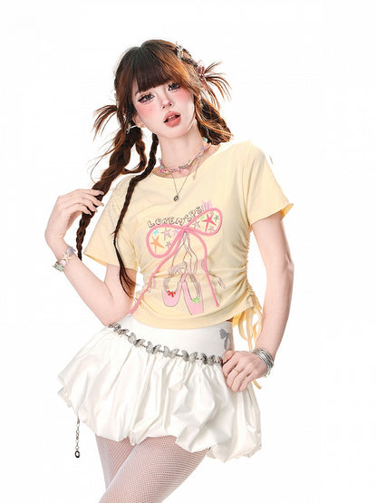 Glamorous Bowknot Schwarz/Gelb/Pink Cropped T-Shirt Kordelzug Taille Akzent