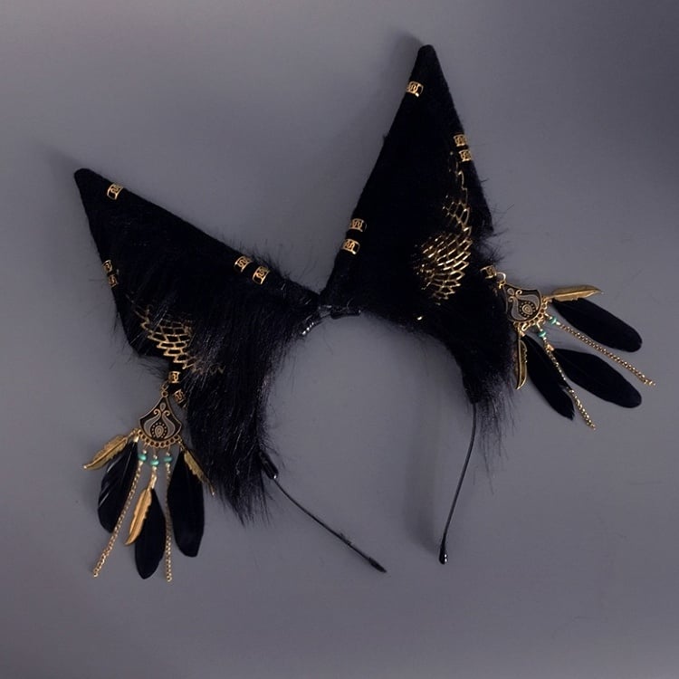 Decorations Ear Black KC and with Wing Wolf Golden Faux Feather