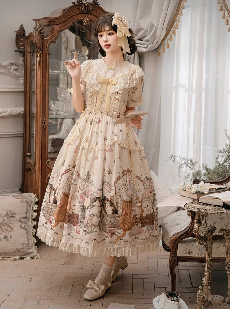 Beige Cat Print Round Neck Sweet Lolita Dress with Lace Trim - NyaNya