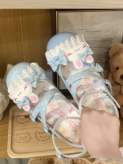 Sweet Design Crisscross Polka-dot Shoes Lolita Bunny Lace Applique Trim Pattern Details Bowknot Blue