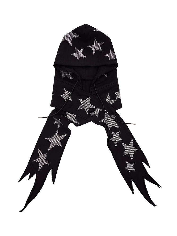 Schwarz/weiße Mütze und Schal mit Stern-Strasssteinen in einem