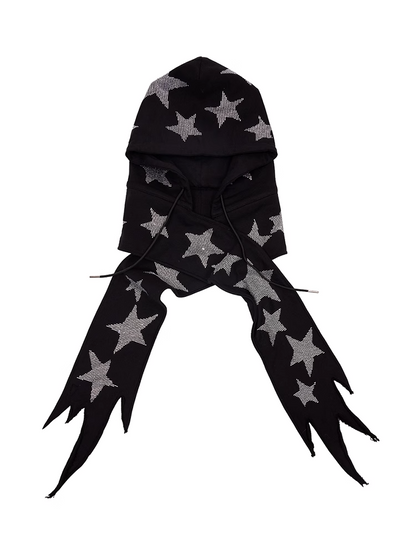 Schwarz/weiße Mütze und Schal mit Stern-Strasssteinen in einem