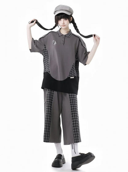 グレーのチェック柄パッチワークデザインポロカラーのゆったりカジュアルTシャツ