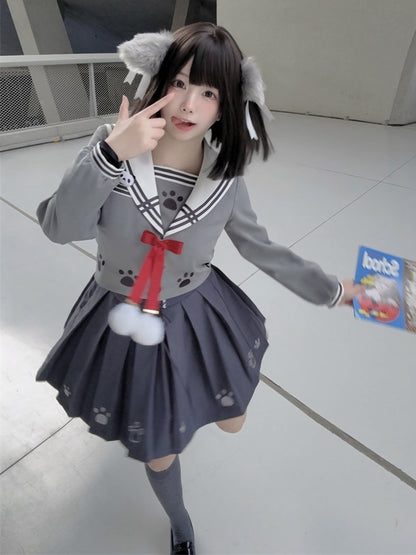 Wolf Motif Gray Sailor-Collar Long Sleeve Tee with Bows and Pom-Poms - To Alice
