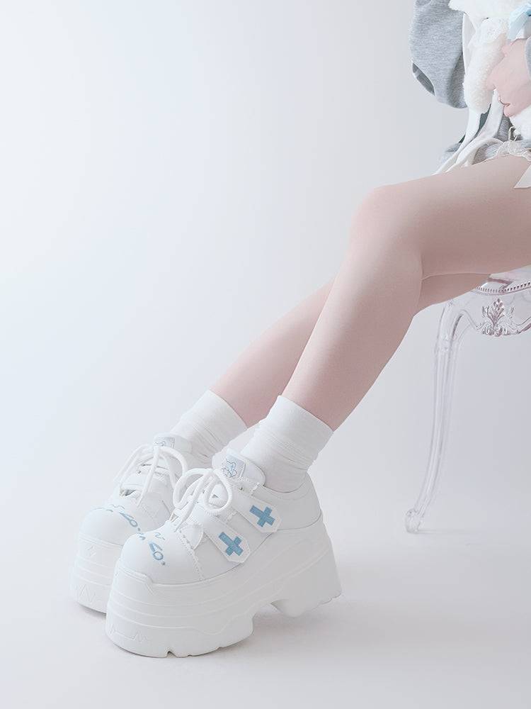 Yami Kawaii Matte White Cross Velcro Strap Kitty Ears Platform Shoes