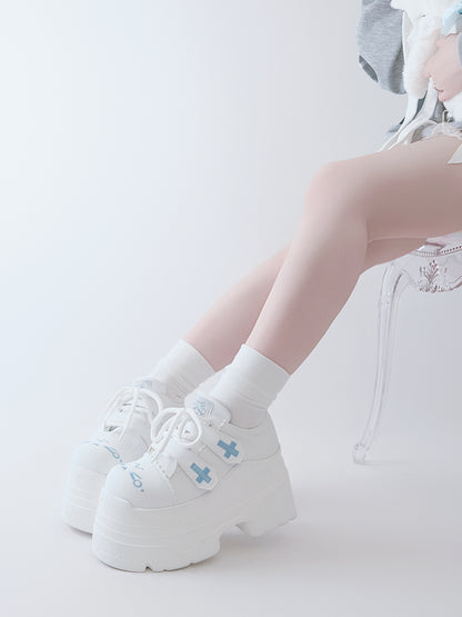 Yami Kawaii Matte White Cross Velcro Strap Kitty Ears Platform Shoes