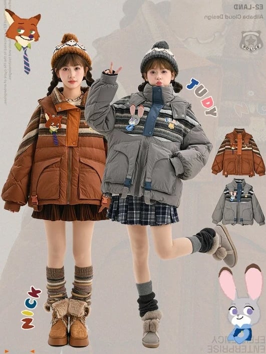 パッチワークデザイン グレー フード付きダウンジャケット