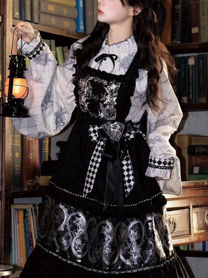 Black Elegant Print Ruffle Trim Apron Checkered Detail - Luo Xiu Dong Xiang